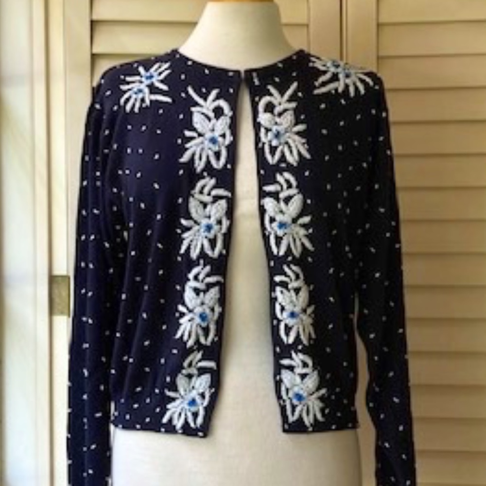 Blue Beaded Cardigan Sweater
